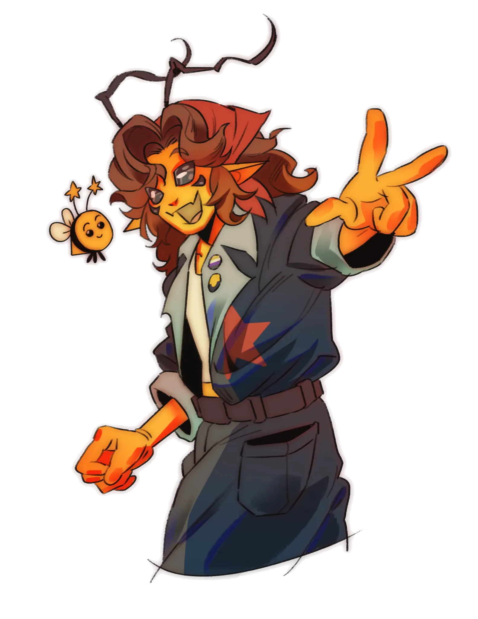 BeeboGaming waving a peace sign beside a small bee